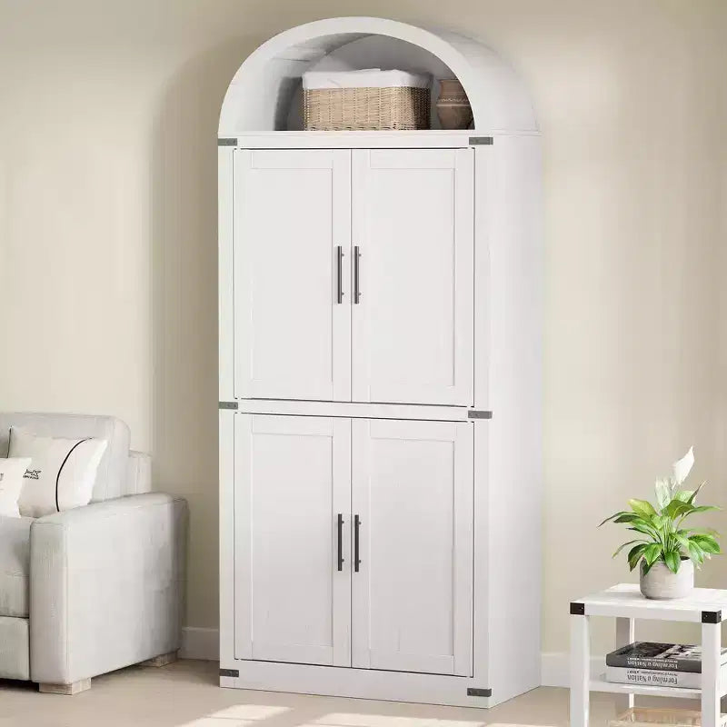 Grand meuble de garde-manger de cuisine arqué de 71", Armoire de rangement autonome, Vitrine en bois à 5 niveaux, Bibliothèque polyvalente, Porte en verre noir
