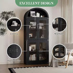 Grand meuble de garde-manger de cuisine arqué de 71", Armoire de rangement autonome, Vitrine en bois à 5 niveaux, Bibliothèque polyvalente, Porte en verre noir