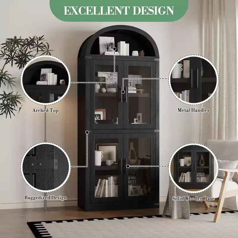 Grand meuble de garde-manger de cuisine arqué de 71", Armoire de rangement autonome, Vitrine en bois à 5 niveaux, Bibliothèque polyvalente, Porte en verre noir