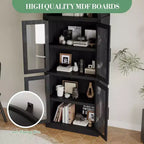 Grand meuble de garde-manger de cuisine arqué de 71", Armoire de rangement autonome, Vitrine en bois à 5 niveaux, Bibliothèque polyvalente, Porte en verre noir