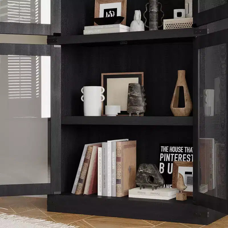 Grand meuble de garde-manger de cuisine arqué de 71", Armoire de rangement autonome, Vitrine en bois à 5 niveaux, Bibliothèque polyvalente, Porte en verre noir