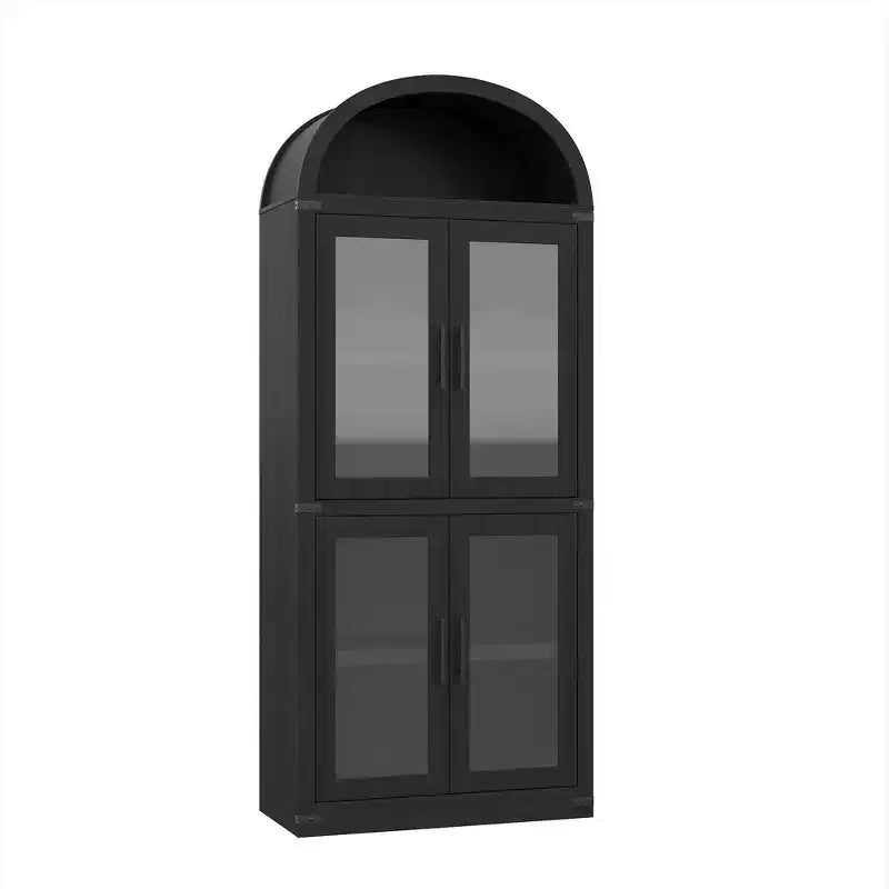 Grand meuble de garde-manger de cuisine arqué de 71", Armoire de rangement autonome, Vitrine en bois à 5 niveaux, Bibliothèque polyvalente, Porte en verre noir