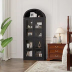 Grand meuble de garde-manger de cuisine arqué de 71", Armoire de rangement autonome, Vitrine en bois à 5 niveaux, Bibliothèque polyvalente, Porte en verre noir