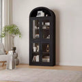 71 Tall Arched Kitchen Pantry Cabinet, Freestanding Cupboard Storage Cabinet, 5 Tier Wood Display Cabinet, Versatile Bookcase, Black Glass Door