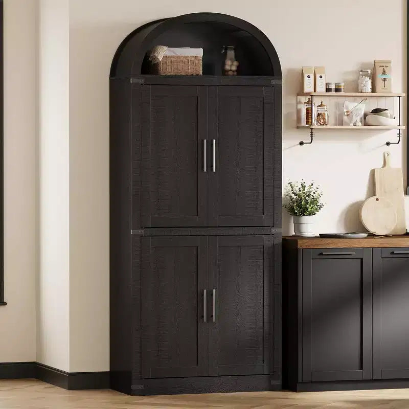 Grand meuble de garde-manger de cuisine arqué de 71", Armoire de rangement autonome, Vitrine en bois à 5 niveaux, Bibliothèque polyvalente, Porte en verre noir