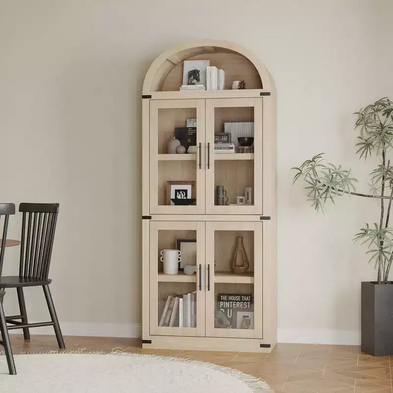 Grand meuble de garde-manger de cuisine arqué de 71", Armoire de rangement autonome, Vitrine en bois à 5 niveaux, Bibliothèque polyvalente, Porte en verre noir