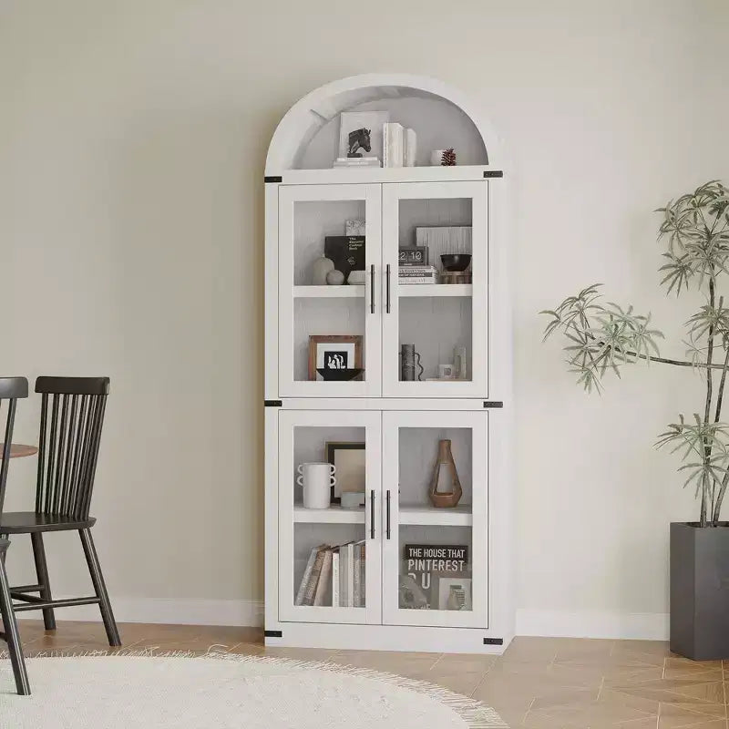 Grand meuble de garde-manger de cuisine arqué de 71", Armoire de rangement autonome, Vitrine en bois à 5 niveaux, Bibliothèque polyvalente, Porte en verre noir
