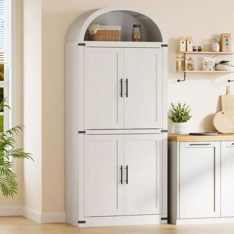 Grand meuble de garde-manger de cuisine arqué de 71", Armoire de rangement autonome, Vitrine en bois à 5 niveaux, Bibliothèque polyvalente, Porte en verre noir