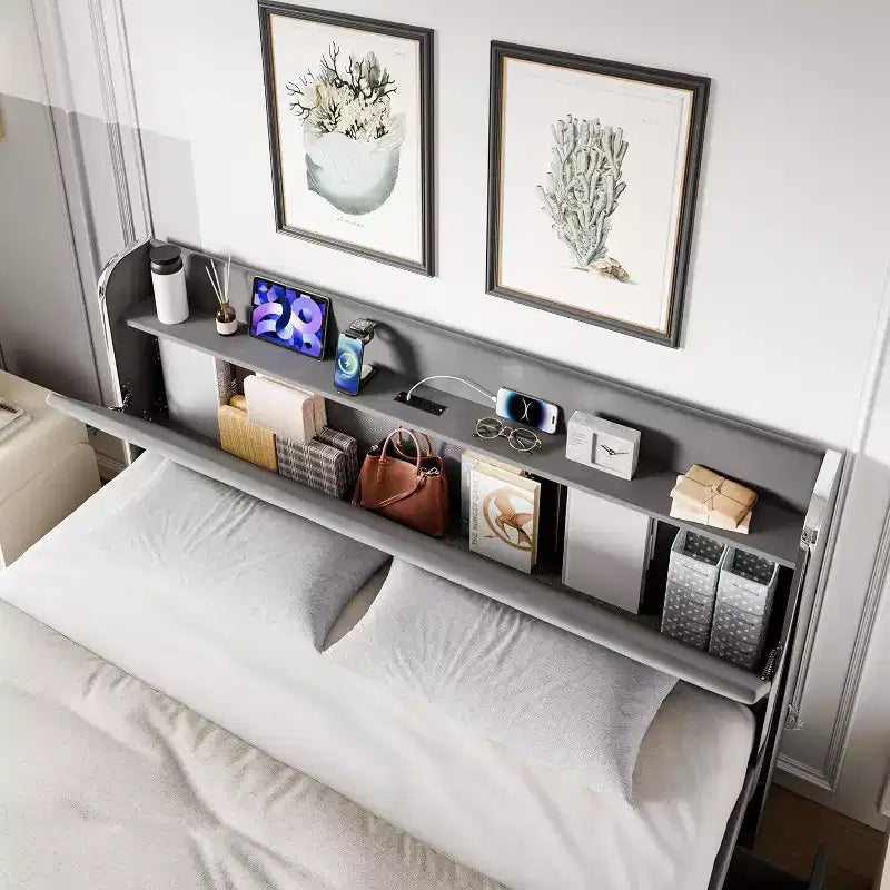 Cadre de lit avec tête de lit de rangement, 4 tiroirs et station de charge, design plateforme rembourrée en velours, pas besoin de sommier tapissier, support robuste.