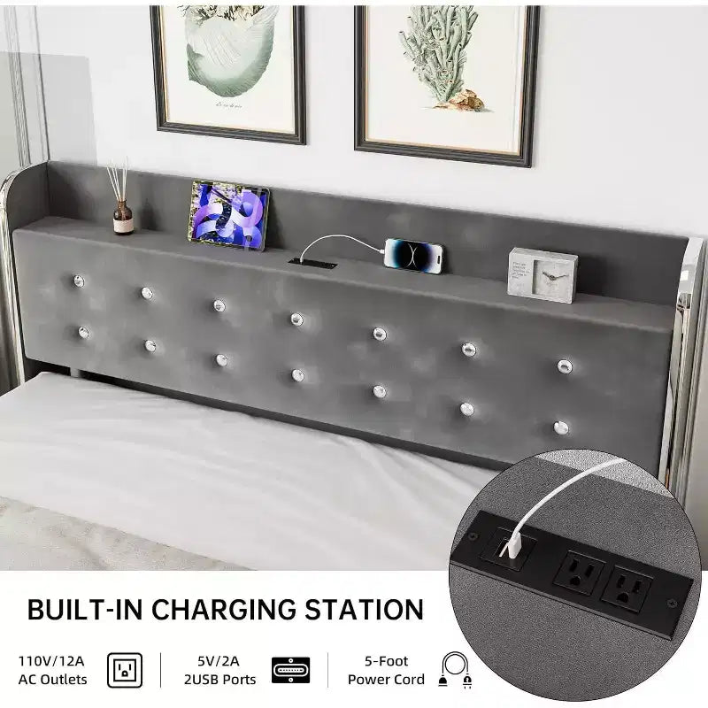 Cadre de lit avec tête de lit de rangement, 4 tiroirs et station de charge, design plateforme rembourrée en velours, pas besoin de sommier tapissier, support robuste.