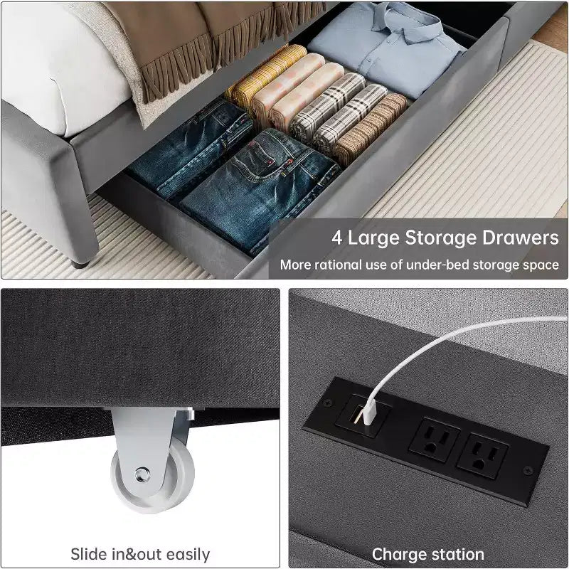 Cadre de lit avec tête de lit de rangement, 4 tiroirs et station de charge, design plateforme rembourrée en velours, pas besoin de sommier tapissier, support robuste.