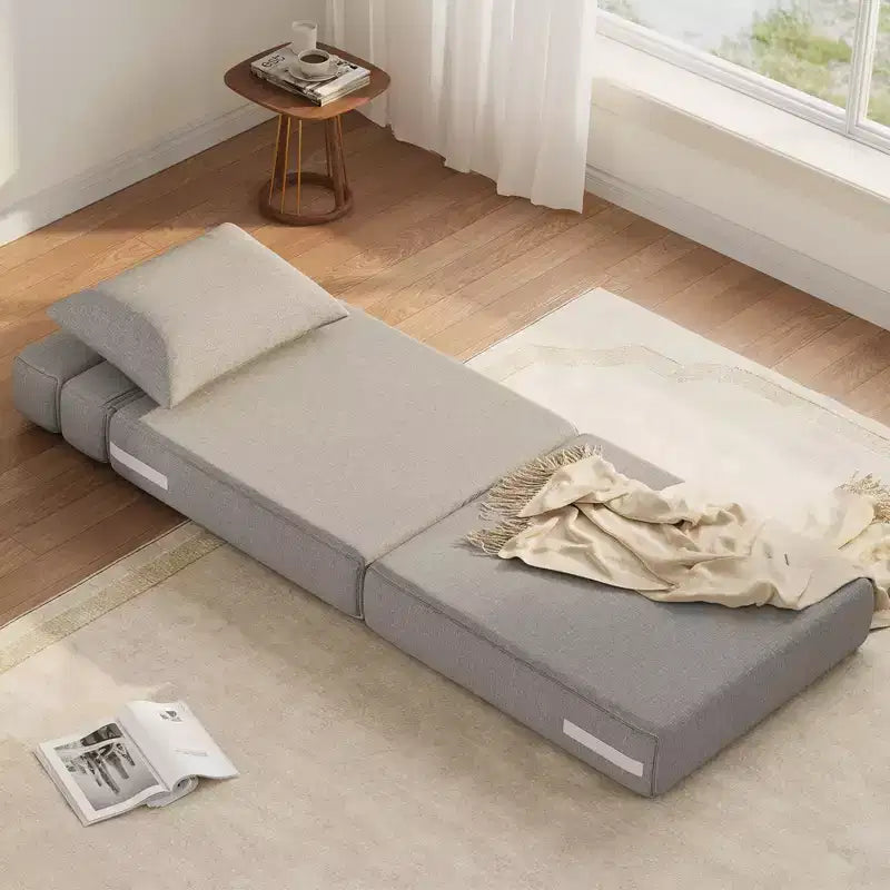 Chaise longue de sol 2-en-1 pliable avec coussin décoratif, chaise de couchage avec fonction lit