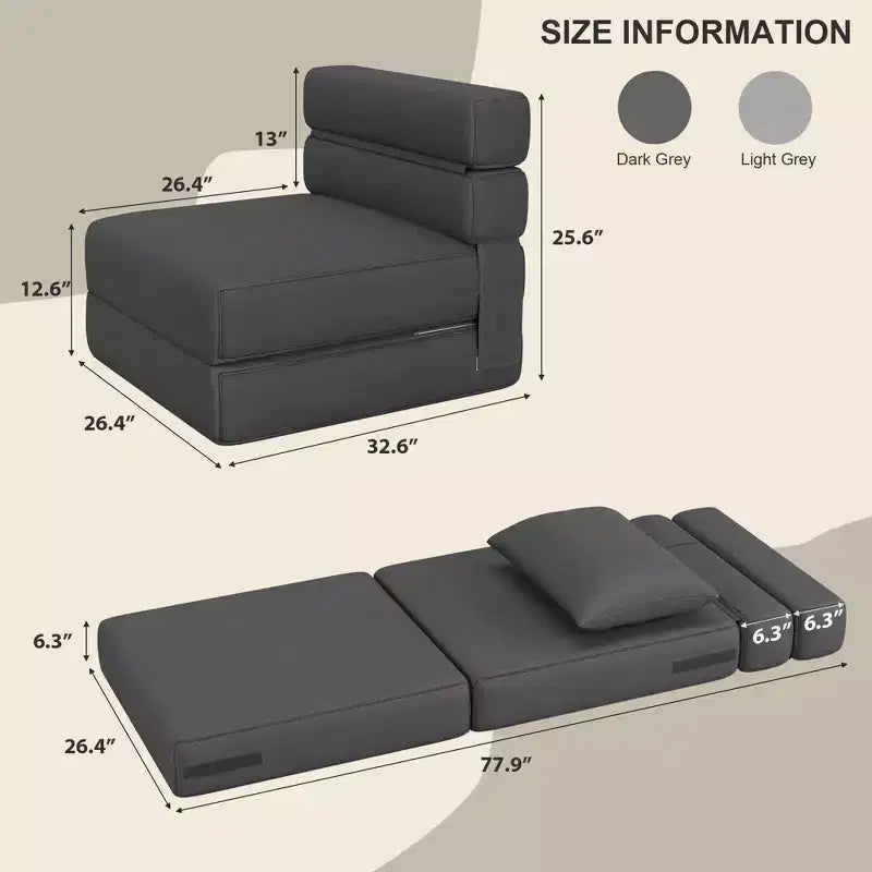 Chaise longue de sol 2-en-1 pliable avec coussin décoratif, chaise de couchage avec fonction lit