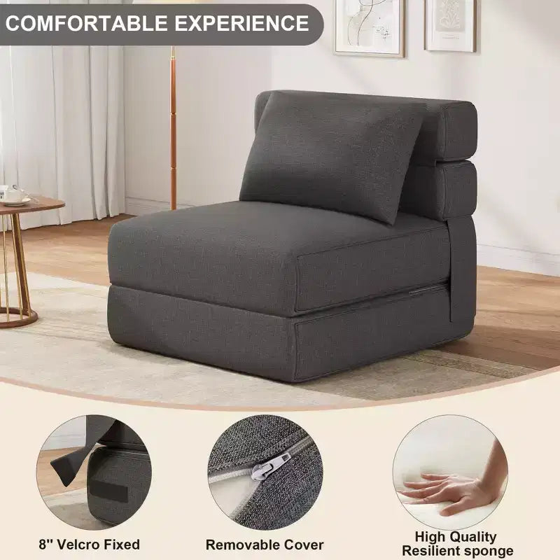 Chaise longue de sol 2-en-1 pliable avec coussin décoratif, chaise de couchage avec fonction lit