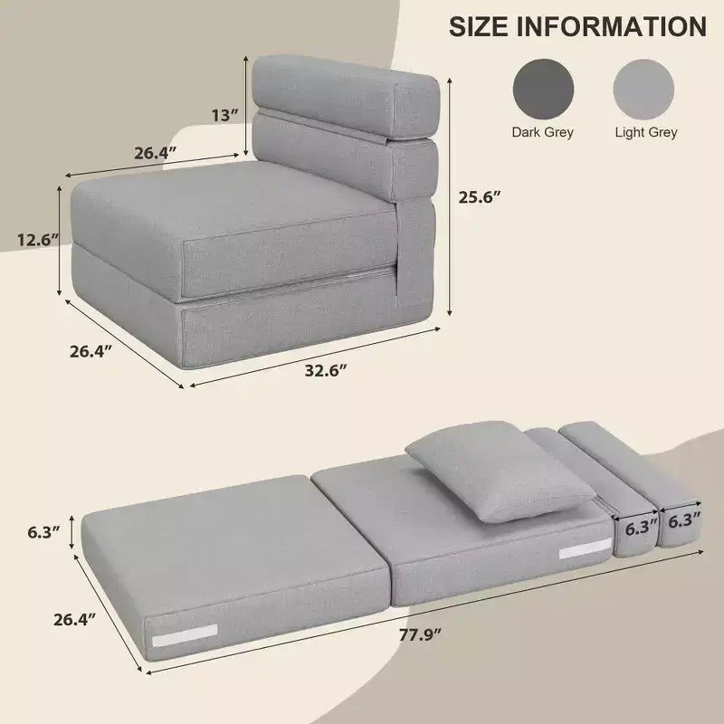Chaise longue de sol 2-en-1 pliable avec coussin décoratif, chaise de couchage avec fonction lit