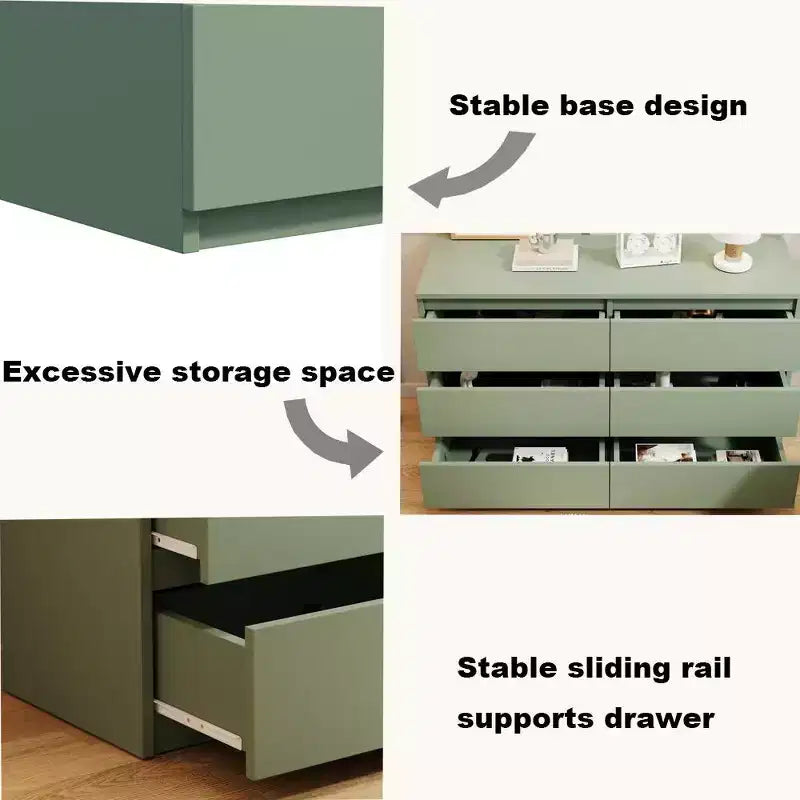 Commode verte grand format à 6 tiroirs avec poignées dorées