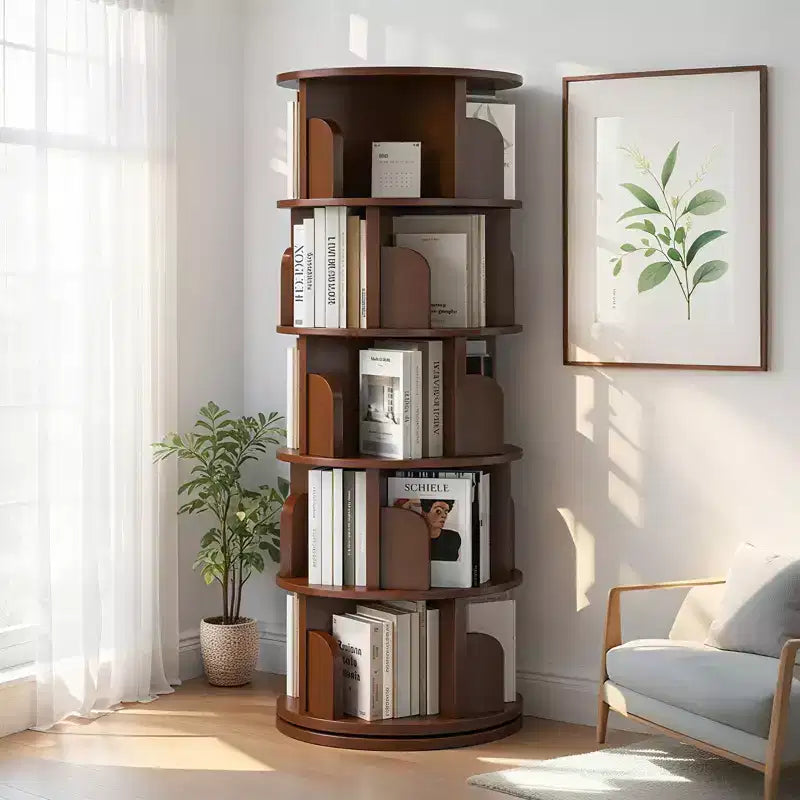 Étagère rotative à 5 niveaux à 360°, Tour tournante ronde couleur noyer, Base épaissie anti-oscillation, Étagères ouvertes à accès facile, Gain de place pour les petits coins
