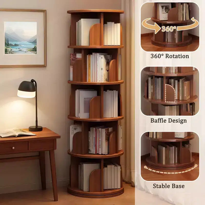 Étagère rotative à 5 niveaux à 360°, Tour tournante ronde couleur noyer, Base épaissie anti-oscillation, Étagères ouvertes à accès facile, Gain de place pour les petits coins
