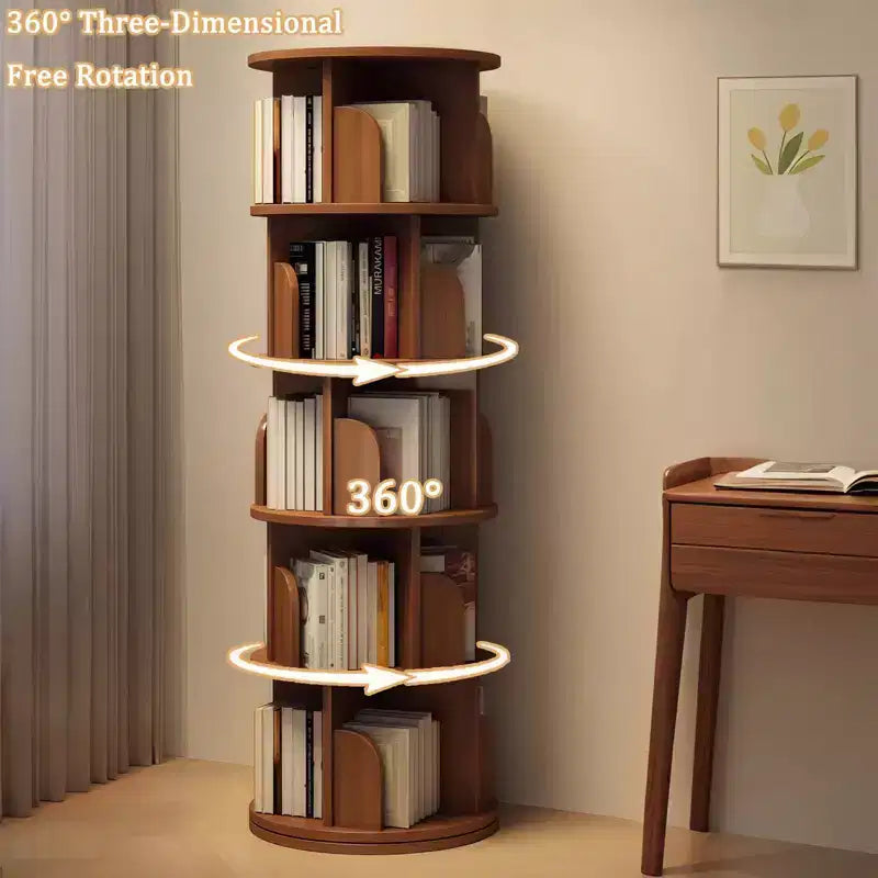 Étagère rotative à 5 niveaux à 360°, Tour tournante ronde couleur noyer, Base épaissie anti-oscillation, Étagères ouvertes à accès facile, Gain de place pour les petits coins