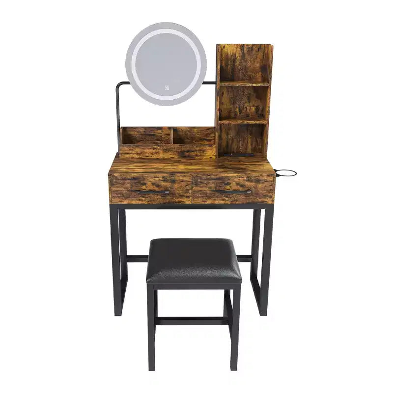 Coiffeuse avec lumières LED, prise de courant et 2 tiroirs, pieds en métal, marron