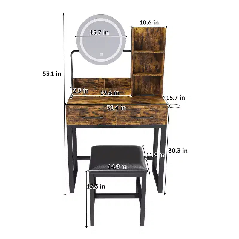Coiffeuse avec lumières LED, prise de courant et 2 tiroirs, pieds en métal, marron
