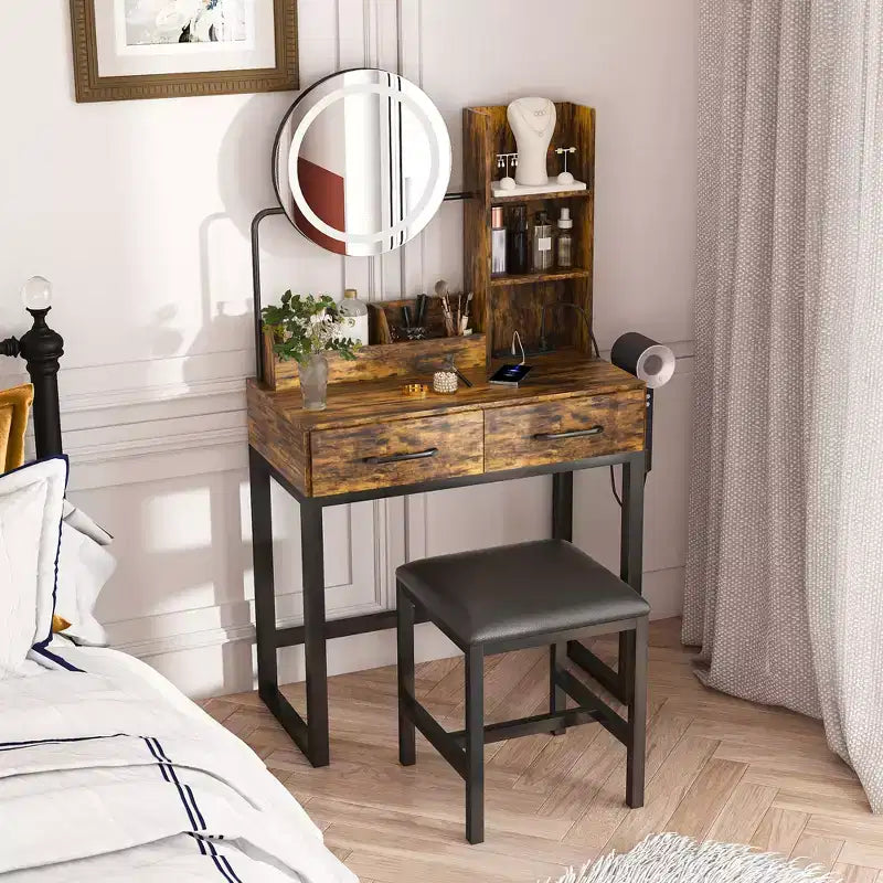 Coiffeuse avec lumières LED, prise de courant et 2 tiroirs, pieds en métal, marron