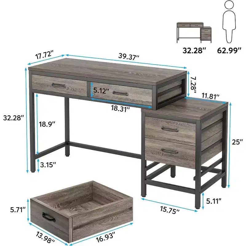 Bureau d'ordinateur avec 5 tiroirs, Bureau de travail avec support d'imprimante, Bureau PC industriel avec rangement pour petits espaces, Gris