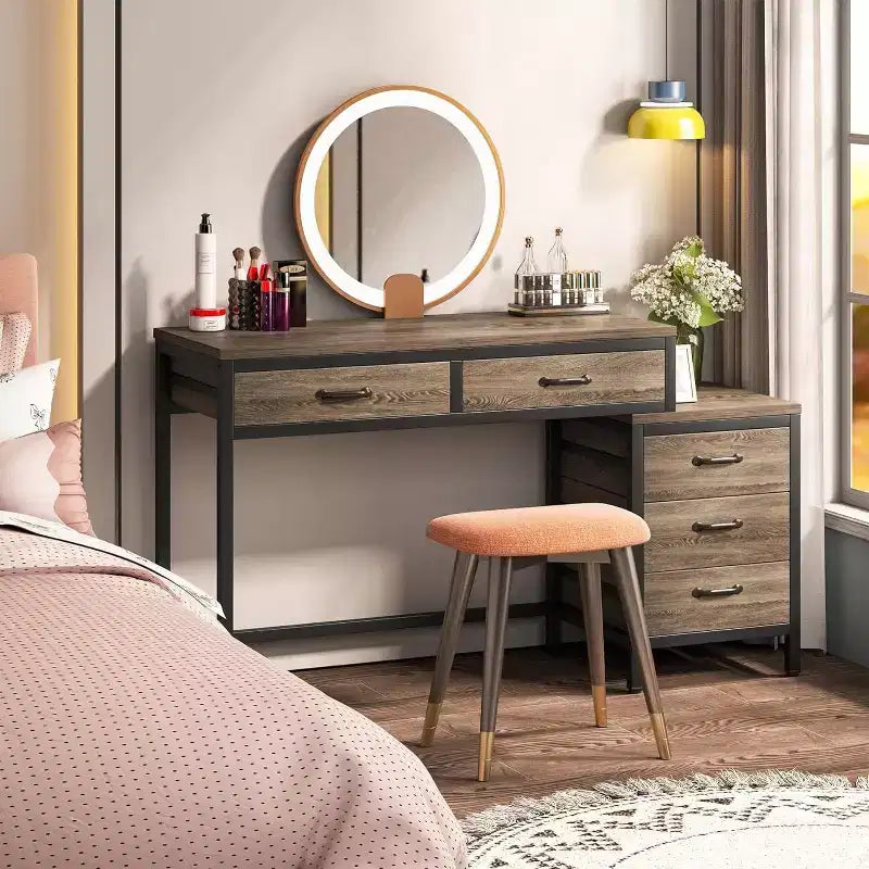 Bureau d'ordinateur avec 5 tiroirs, Bureau de travail avec support d'imprimante, Bureau PC industriel avec rangement pour petits espaces, Gris