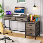 Bureau d'ordinateur avec 5 tiroirs, Bureau de travail avec support d'imprimante, Bureau PC industriel avec rangement pour petits espaces, Gris