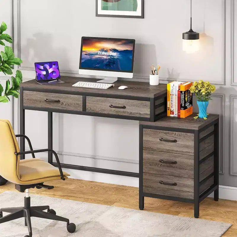 Bureau d'ordinateur avec 5 tiroirs, Bureau de travail avec support d'imprimante, Bureau PC industriel avec rangement pour petits espaces, Gris