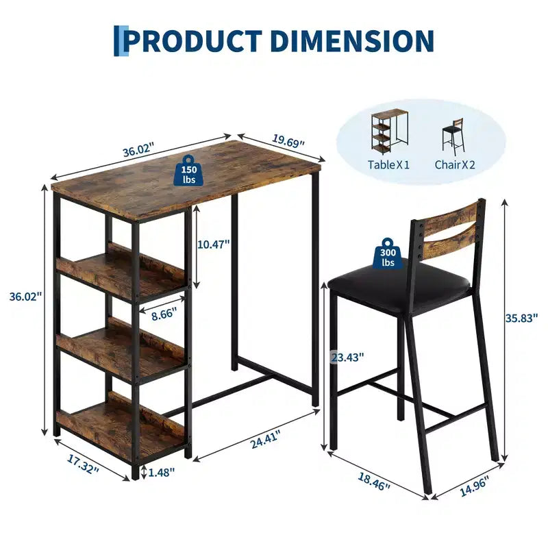 Ensemble table de salle à manger 3 pièces pour 2, ensemble table de bar hauteur comptoir avec 3 étagères de rangement, table de cuisine avec 2 chaises rembourrées pour salon, noir