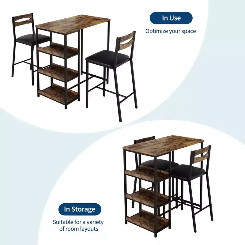 Ensemble table de salle à manger 3 pièces pour 2, ensemble table de bar hauteur comptoir avec 3 étagères de rangement, table de cuisine avec 2 chaises rembourrées pour salon, noir
