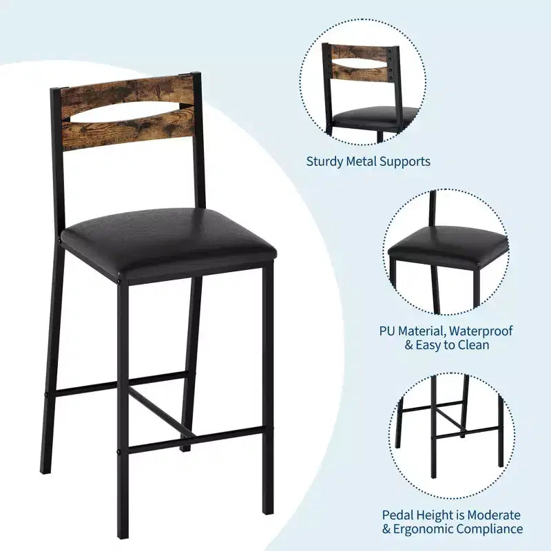 Ensemble table de salle à manger 3 pièces pour 2, ensemble table de bar hauteur comptoir avec 3 étagères de rangement, table de cuisine avec 2 chaises rembourrées pour salon, noir