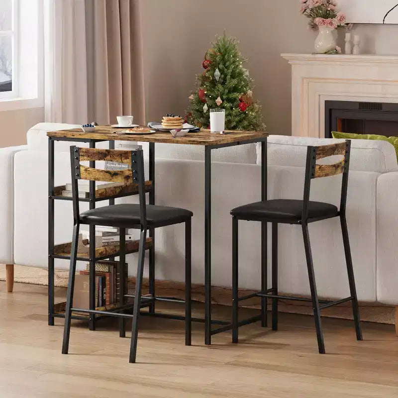 Ensemble table de salle à manger 3 pièces pour 2, ensemble table de bar hauteur comptoir avec 3 étagères de rangement, table de cuisine avec 2 chaises rembourrées pour salon, noir