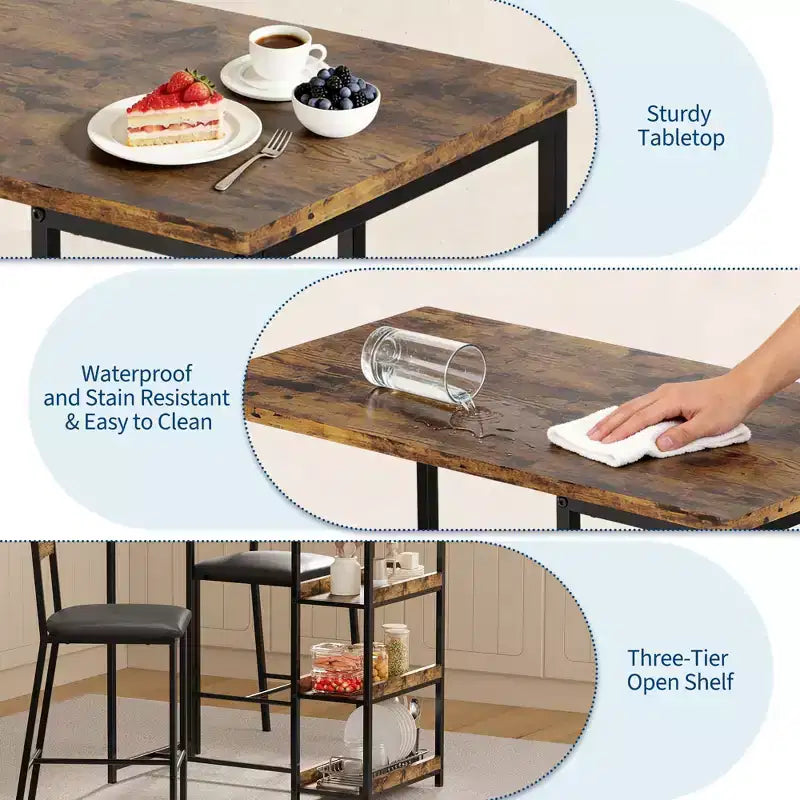 Ensemble table de salle à manger 3 pièces pour 2, ensemble table de bar hauteur comptoir avec 3 étagères de rangement, table de cuisine avec 2 chaises rembourrées pour salon, noir