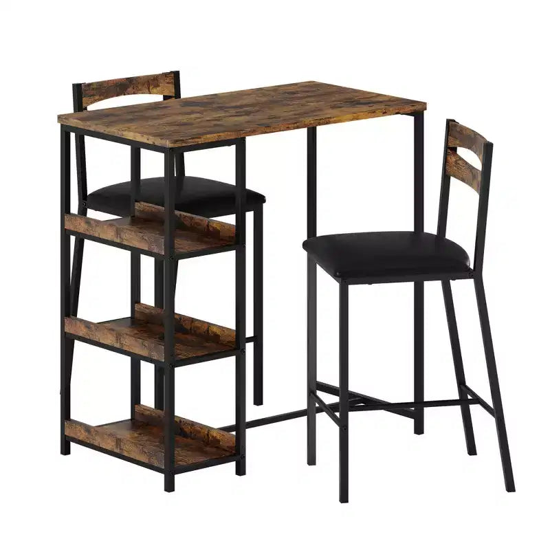 Ensemble table de salle à manger 3 pièces pour 2, ensemble table de bar hauteur comptoir avec 3 étagères de rangement, table de cuisine avec 2 chaises rembourrées pour salon, noir