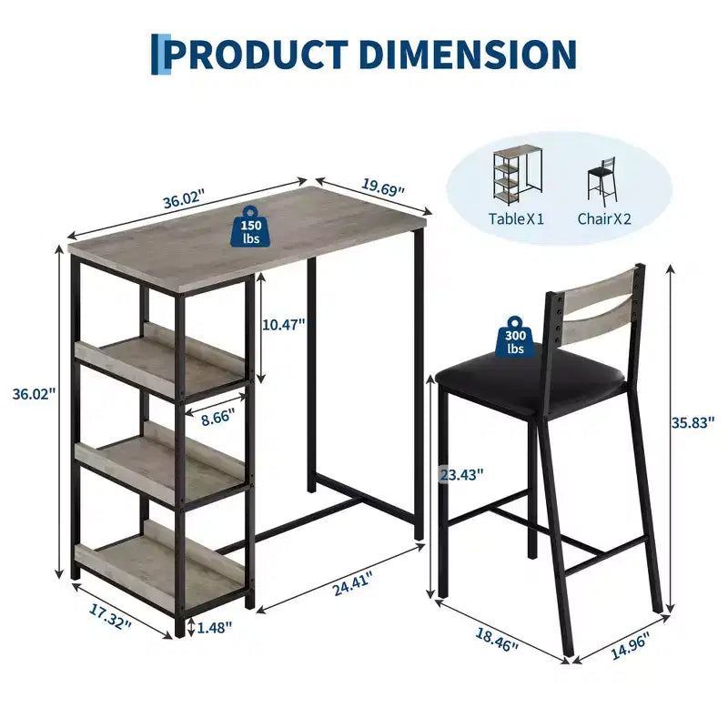 Ensemble table de salle à manger 3 pièces pour 2, ensemble table de bar hauteur comptoir avec 3 étagères de rangement, table de cuisine avec 2 chaises rembourrées pour salon, noir