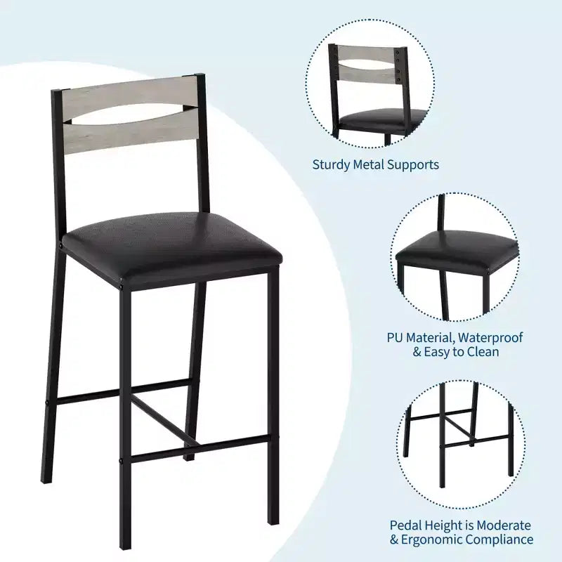 Ensemble table de salle à manger 3 pièces pour 2, ensemble table de bar hauteur comptoir avec 3 étagères de rangement, table de cuisine avec 2 chaises rembourrées pour salon, noir