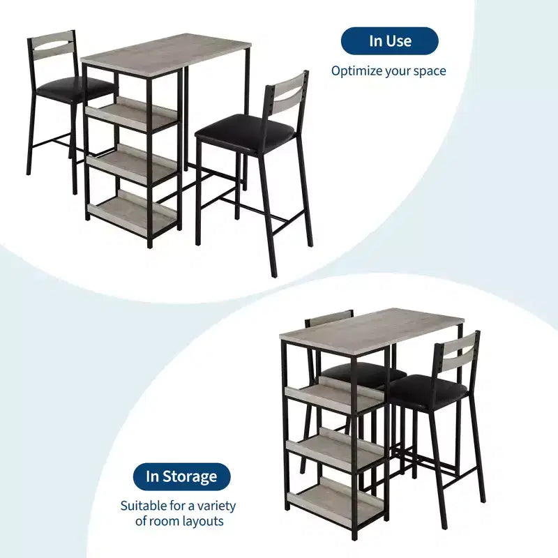 Ensemble table de salle à manger 3 pièces pour 2, ensemble table de bar hauteur comptoir avec 3 étagères de rangement, table de cuisine avec 2 chaises rembourrées pour salon, noir