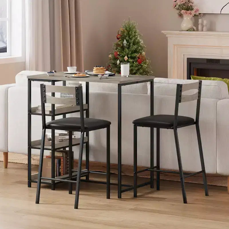 Ensemble table de salle à manger 3 pièces pour 2, ensemble table de bar hauteur comptoir avec 3 étagères de rangement, table de cuisine avec 2 chaises rembourrées pour salon, noir