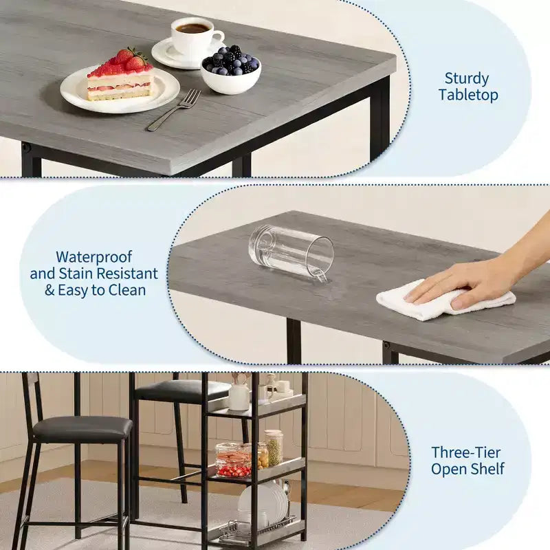 Ensemble table de salle à manger 3 pièces pour 2, ensemble table de bar hauteur comptoir avec 3 étagères de rangement, table de cuisine avec 2 chaises rembourrées pour salon, noir