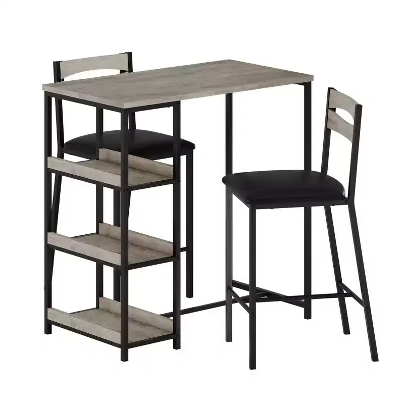 Ensemble table de salle à manger 3 pièces pour 2, ensemble table de bar hauteur comptoir avec 3 étagères de rangement, table de cuisine avec 2 chaises rembourrées pour salon, noir