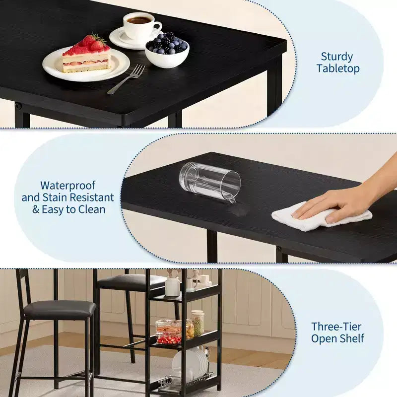 Ensemble table de salle à manger 3 pièces pour 2, ensemble table de bar hauteur comptoir avec 3 étagères de rangement, table de cuisine avec 2 chaises rembourrées pour salon, noir