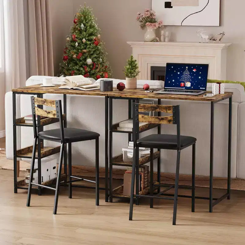 Ensemble table de salle à manger 3 pièces pour 2, ensemble table de bar hauteur comptoir avec 3 étagères de rangement, table de cuisine avec 2 chaises rembourrées pour salon, noir