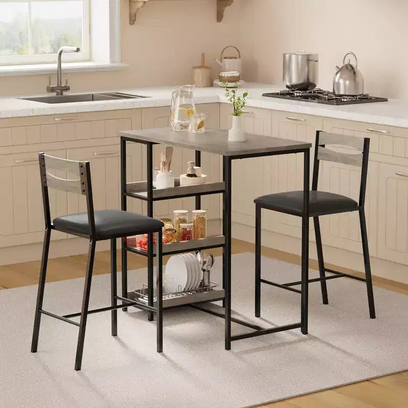 Ensemble table de salle à manger 3 pièces pour 2, ensemble table de bar hauteur comptoir avec 3 étagères de rangement, table de cuisine avec 2 chaises rembourrées pour salon, noir