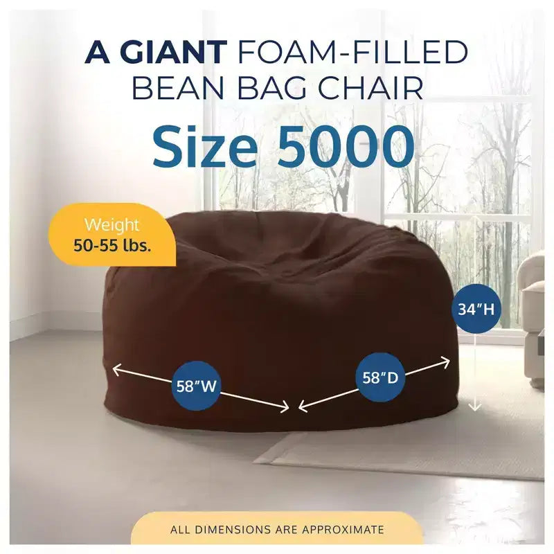 Pouf géant lavable en mousse de 152 cm, recouvert de fausse fourrure, marron