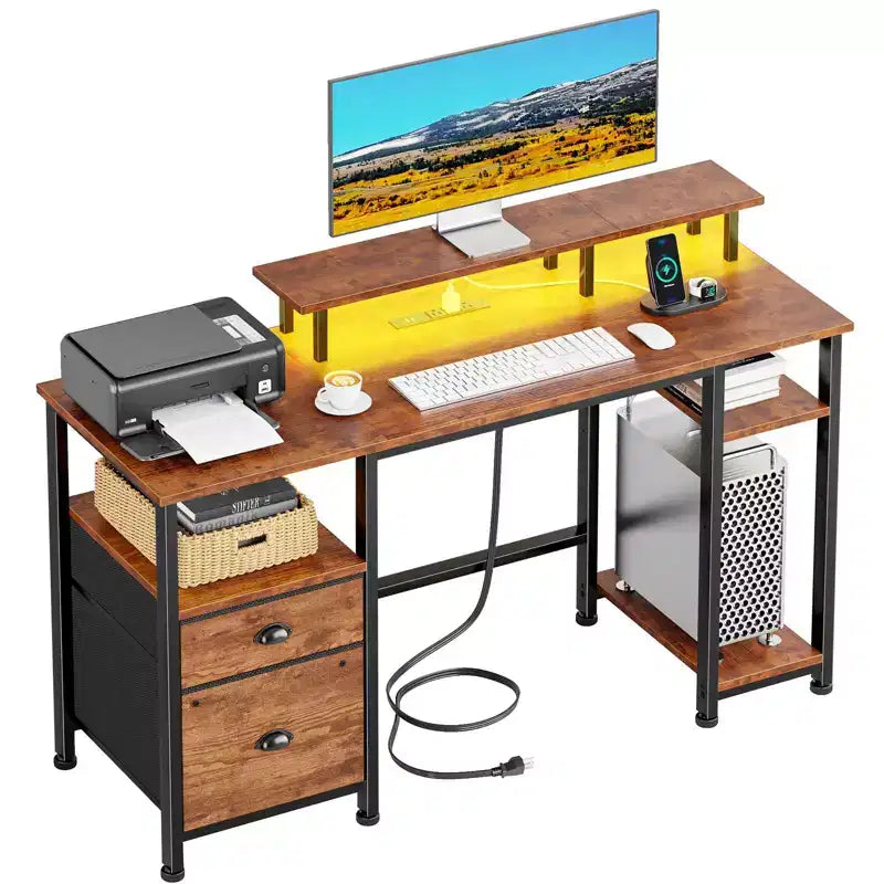 Bureau d'ordinateur réversible de 51 pouces marron avec classeur, support d'écran, étagères de rangement, prises de courant, table de travail/étude de jeu LED