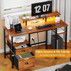 Bureau d'ordinateur réversible de 51 pouces marron avec classeur, support d'écran, étagères de rangement, prises de courant, table de travail/étude de jeu LED