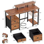 Bureau d'ordinateur réversible de 51 pouces marron avec classeur, support d'écran, étagères de rangement, prises de courant, table de travail/étude de jeu LED