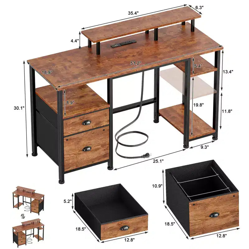Bureau d'ordinateur réversible de 51 pouces marron avec classeur, support d'écran, étagères de rangement, prises de courant, table de travail/étude de jeu LED